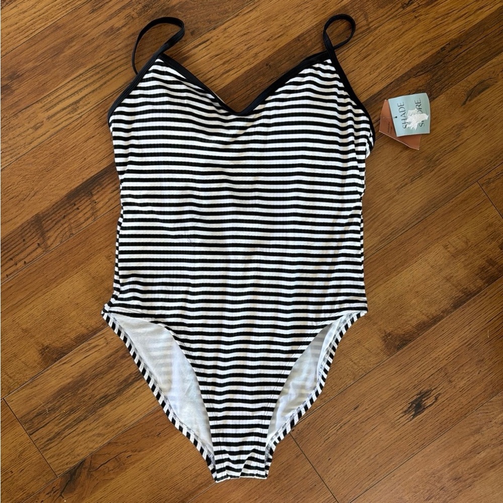 Shade & Shore Black and White Striped One Piece Swimsuit